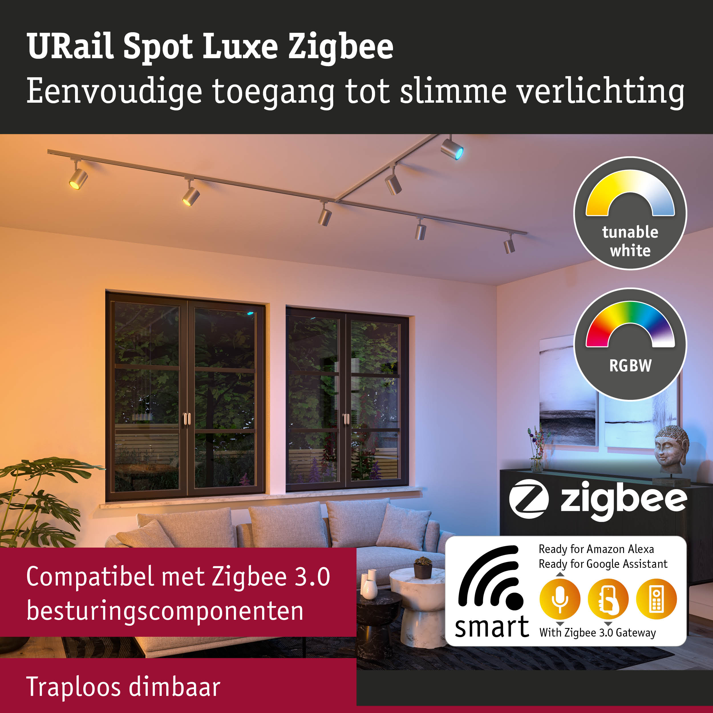URail Spot Luxe Zigbee zilveren plafondspot met dimbare RGBW LED en Zigbee 3.0 bediening