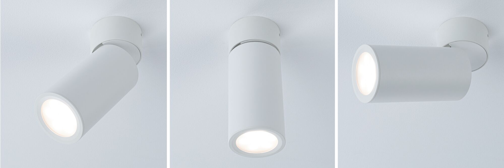 Drei weiße LED-Deckenstrahler aus Metall in verschiedenen Positionen für flexible Raumbeleuchtung