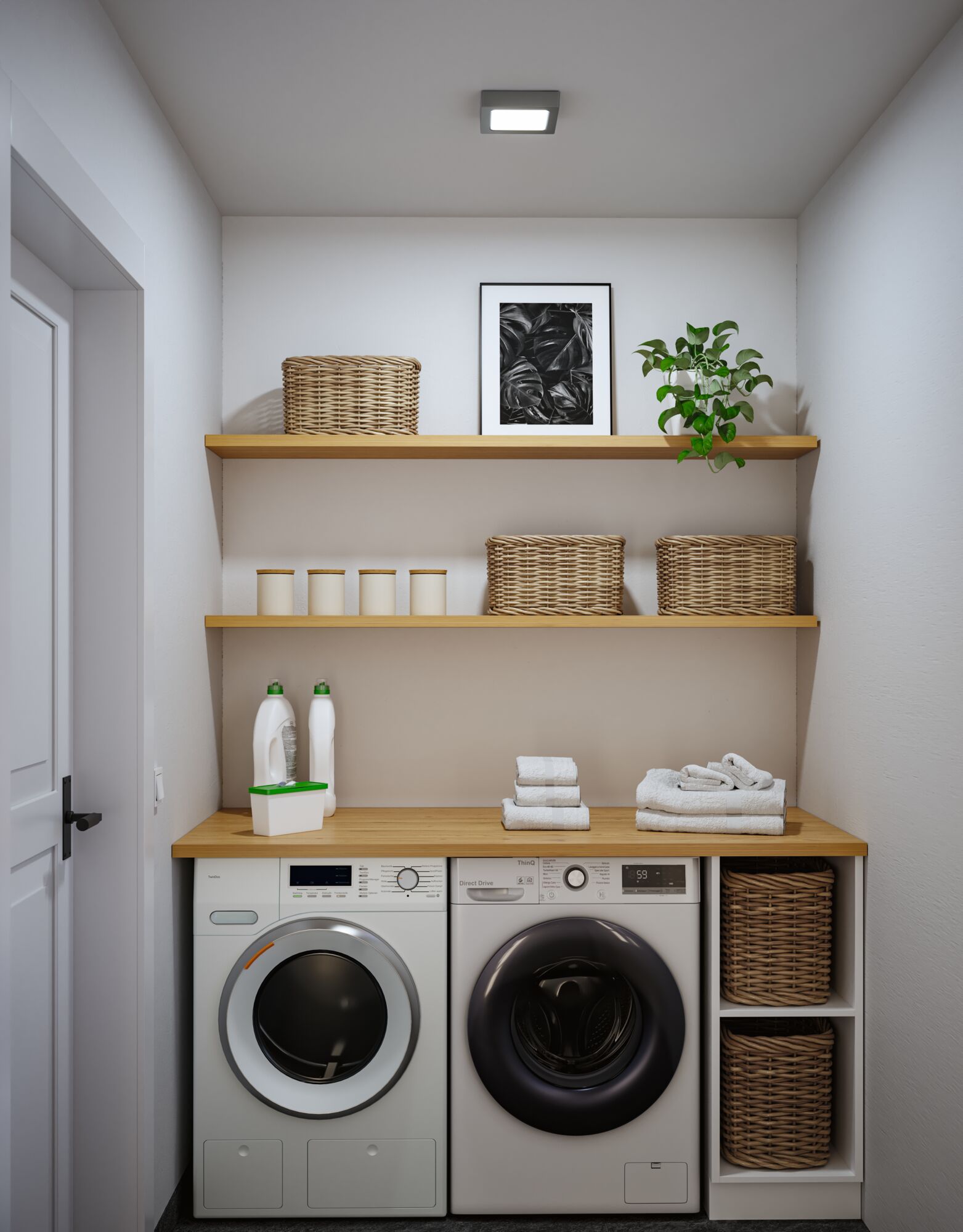 Moderne weiße Waschmaschine und Trockner mit Holzarbeitsplatte und geflochtenen Körben in heller Waschküche