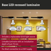 White LED recessed luminaires with black cable, including replaceable GU10 light source for 230V supply
