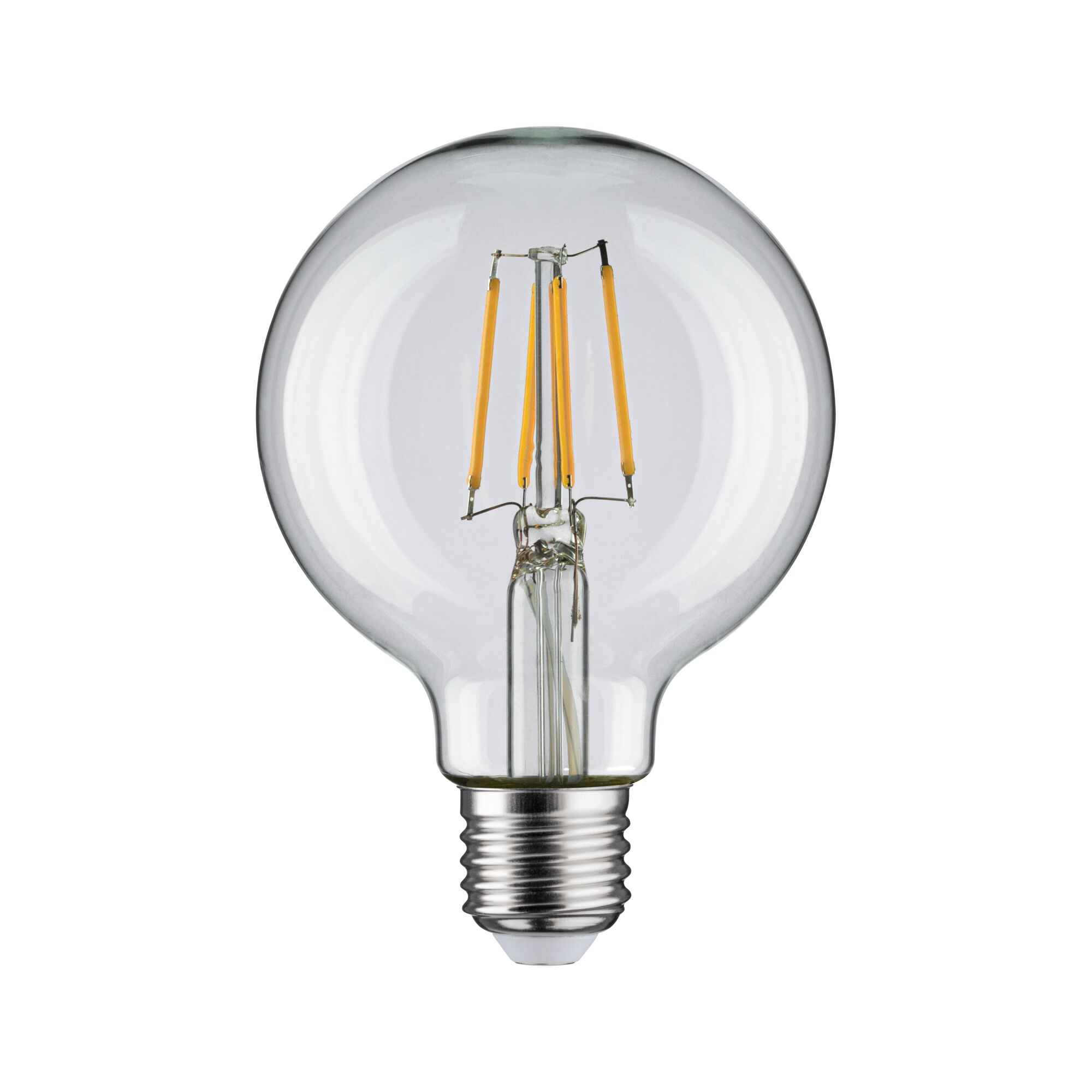 Klassische LED-Glühbirne mit transparentem Glas und sichtbaren gelben Filamenten für energiesparende Beleuchtung