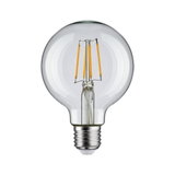 Klassische LED-Glühbirne mit transparentem Glas und sichtbaren gelben Filamenten für energiesparende Beleuchtung