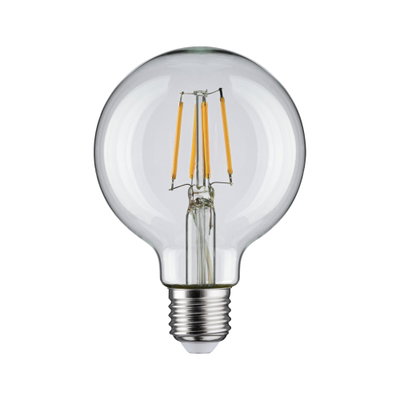 Klassische LED-Glühbirne mit transparentem Glas und sichtbaren gelben Filamenten für energiesparende Beleuchtung