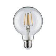 Klassische LED-Glühbirne mit transparentem Glas und sichtbaren gelben Filamenten für energiesparende Beleuchtung