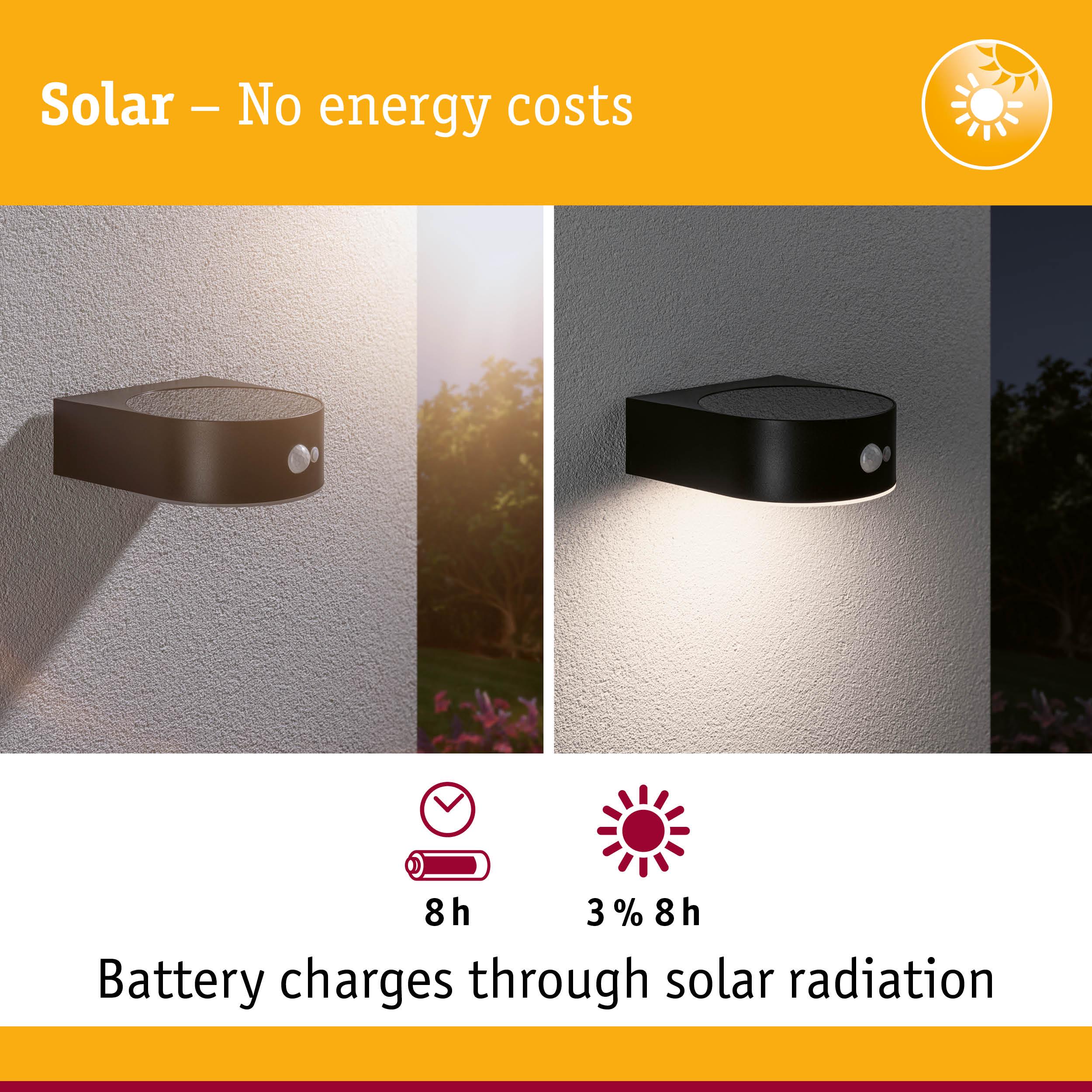 Black metal solar wall light with motion sensor, battery charges via solar radiation, energy-saving outdoor lamp