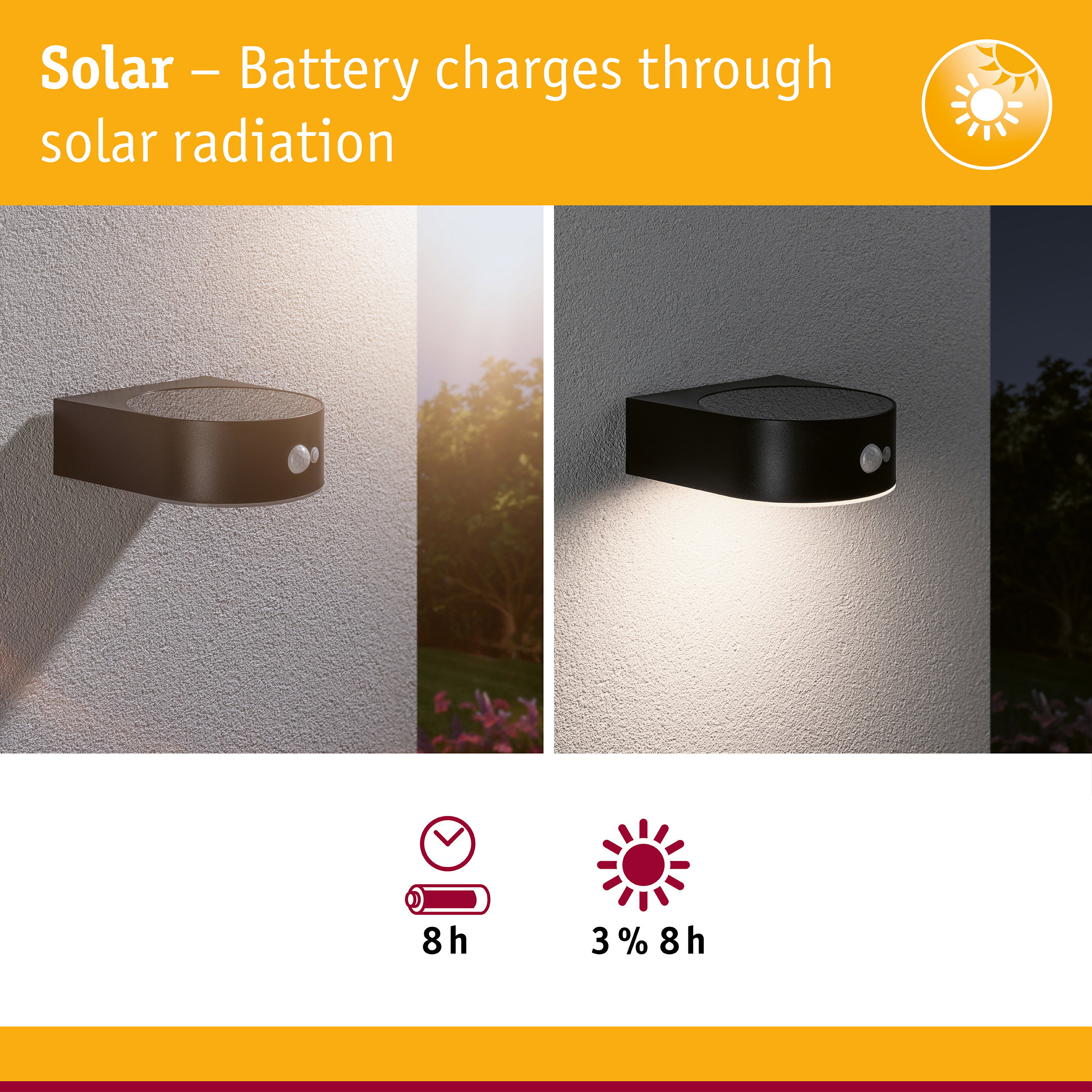 Black solar outdoor wall light with motion sensor on white wall shown in day and night