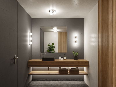 Modernes Badezimmer mit Holzwaschtisch, schwarzem Waschbecken und minimalistischer LED-Wandbeleuchtung