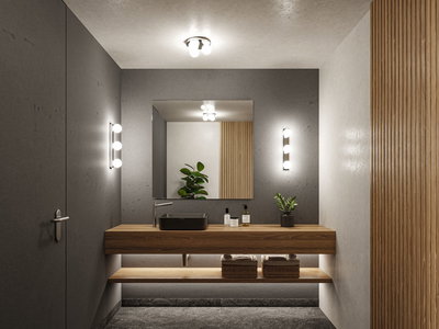 Salle de bain moderne avec meuble en bois, lavabo noir et éclairage mural LED minimaliste