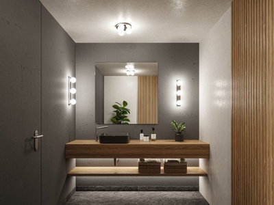 Modern bathroom with wooden vanity, black sink, and minimalist LED wall lights for ambient lighting