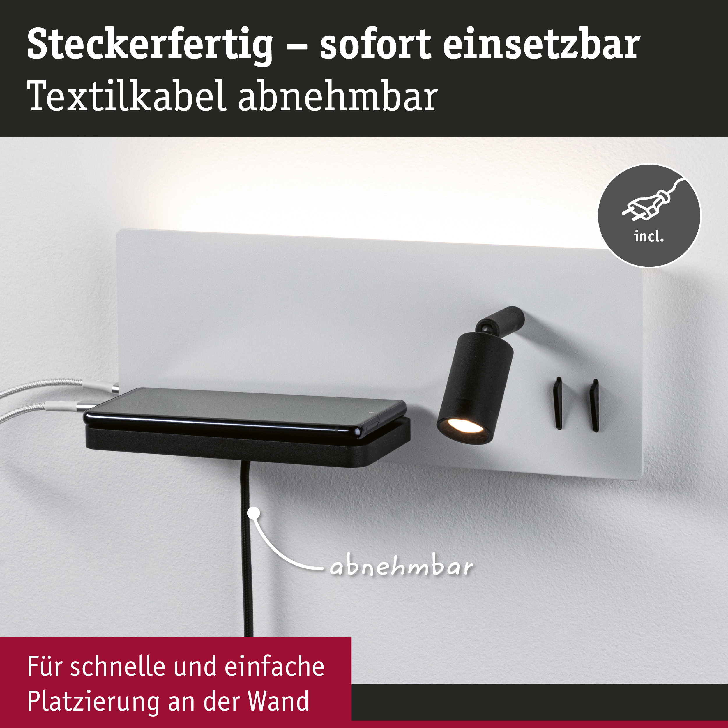 Schwarze Wandlampe mit abnehmbarem Textilkabel und Ablage für Smartphone, einfache Montage