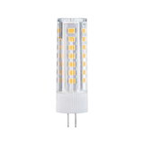 Small transparent LED bulb with white base and yellow diodes for energy-efficient lighting