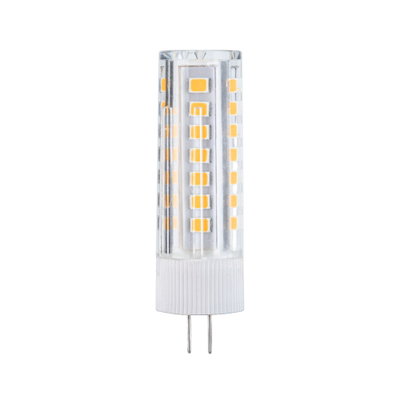 Small transparent LED bulb with white base and yellow diodes for energy-efficient lighting