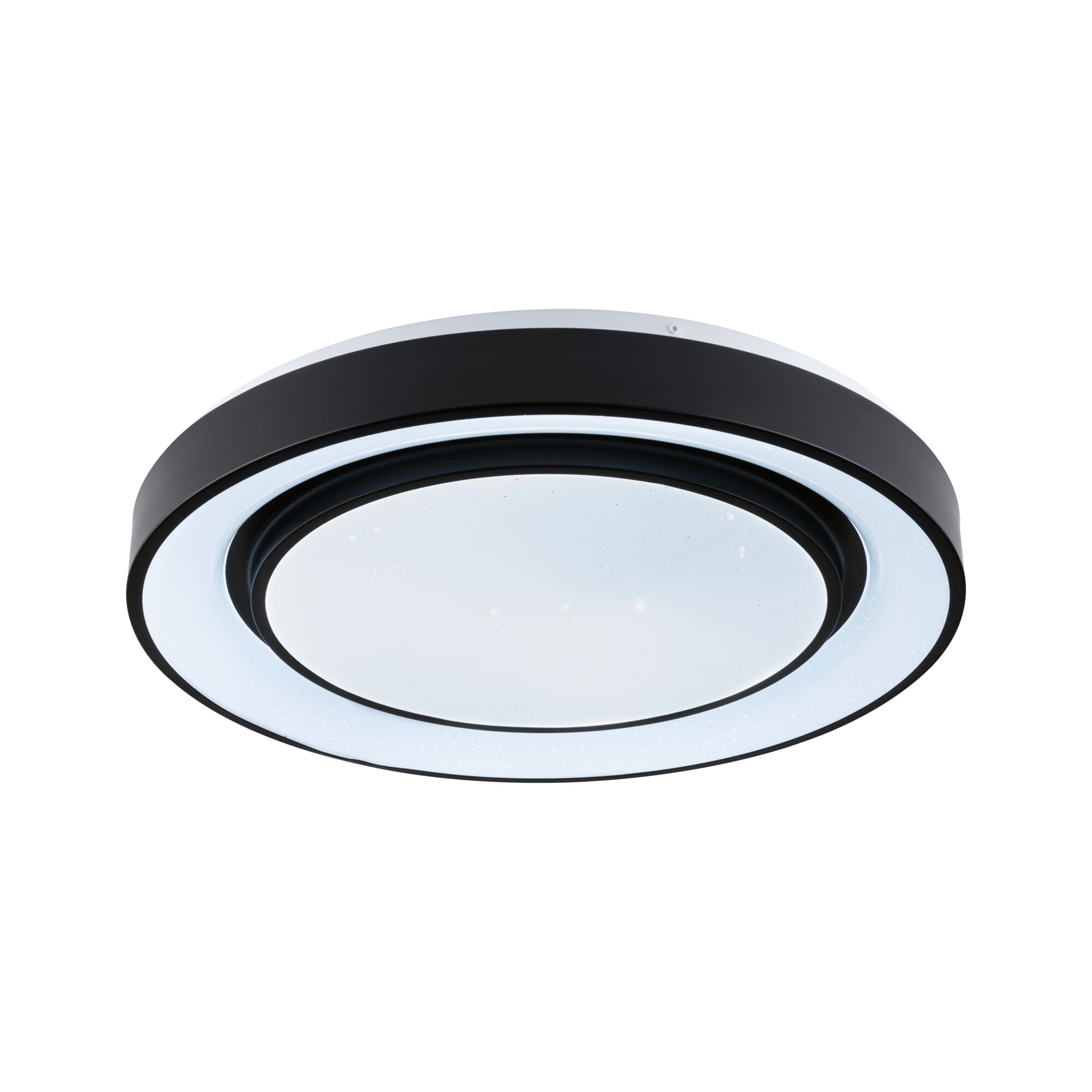 Rund sort LED-loftlampe med hvid lysring og stjerneeffekt til moderne belysning