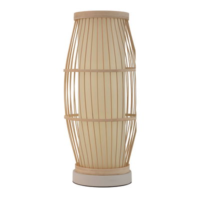 Standing lamp with light wooden frame and cream shade for modern home lighting