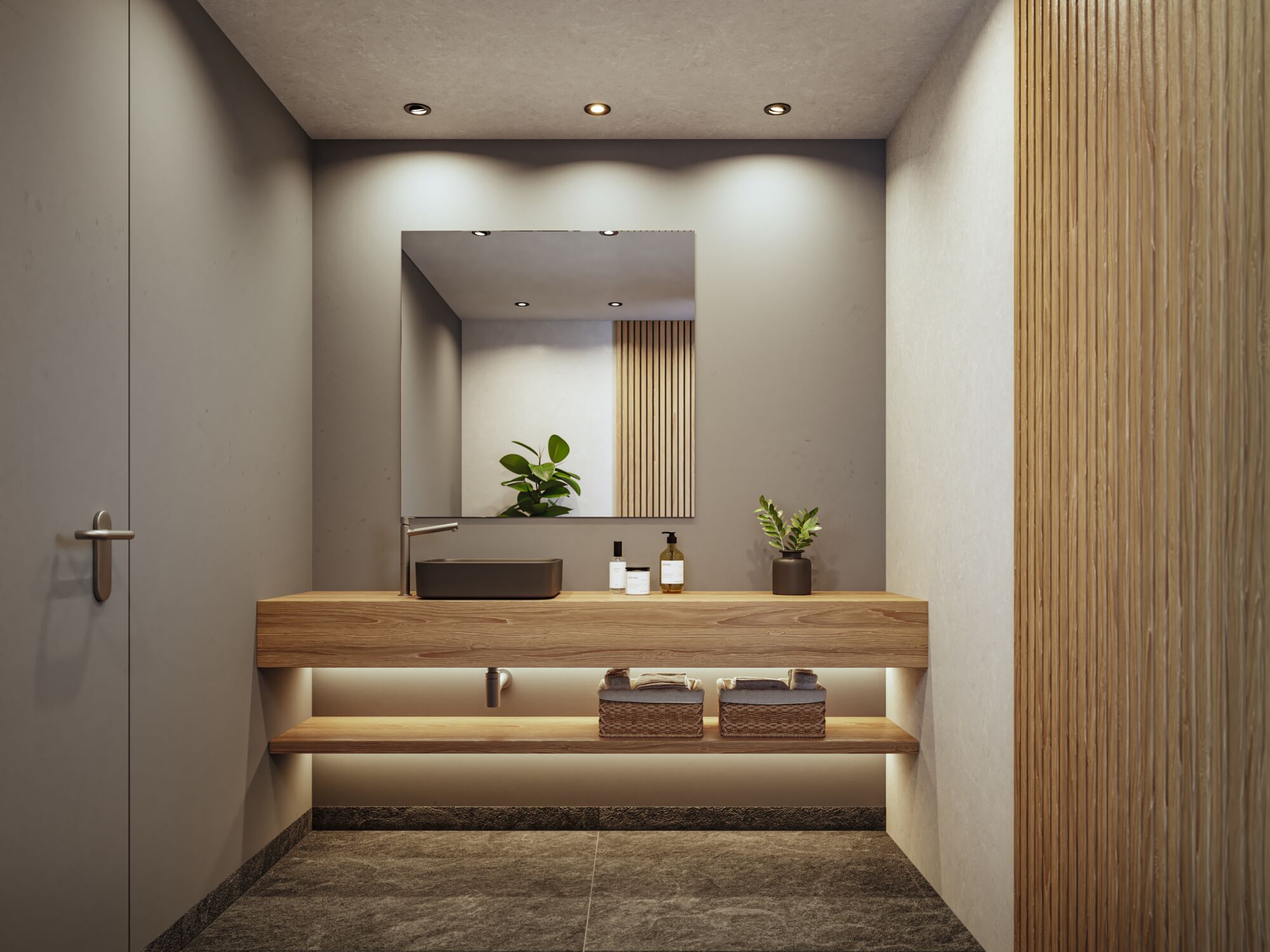 Salle de bain moderne avec meuble en bois, lavabo gris et éclairage LED indirect sous l'étagère
