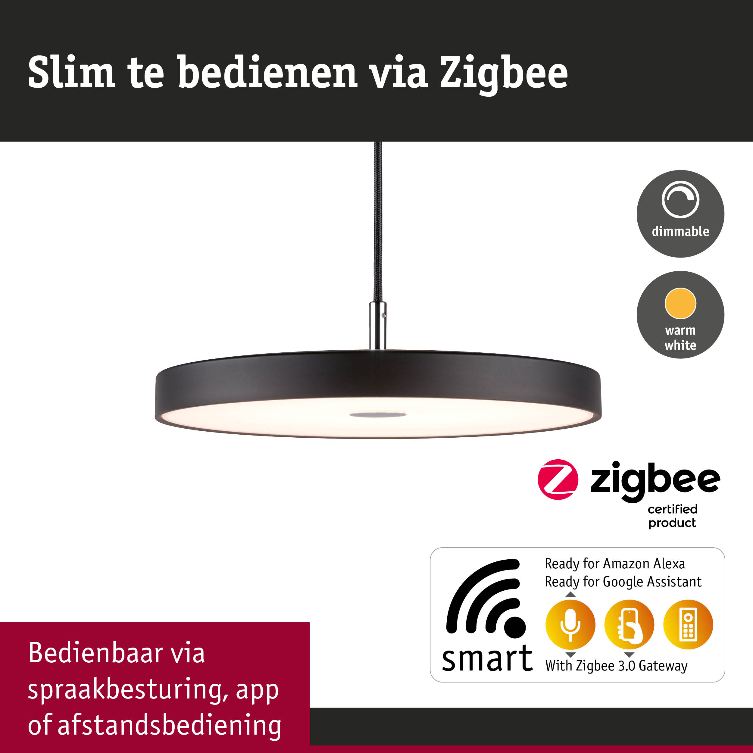 Zwarte ronde LED-hanglamp met Zigbee-bediening en warm wit licht voor smart home verlichting