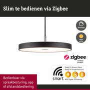 Zwarte ronde LED-hanglamp met Zigbee-bediening en warm wit licht voor smart home verlichting