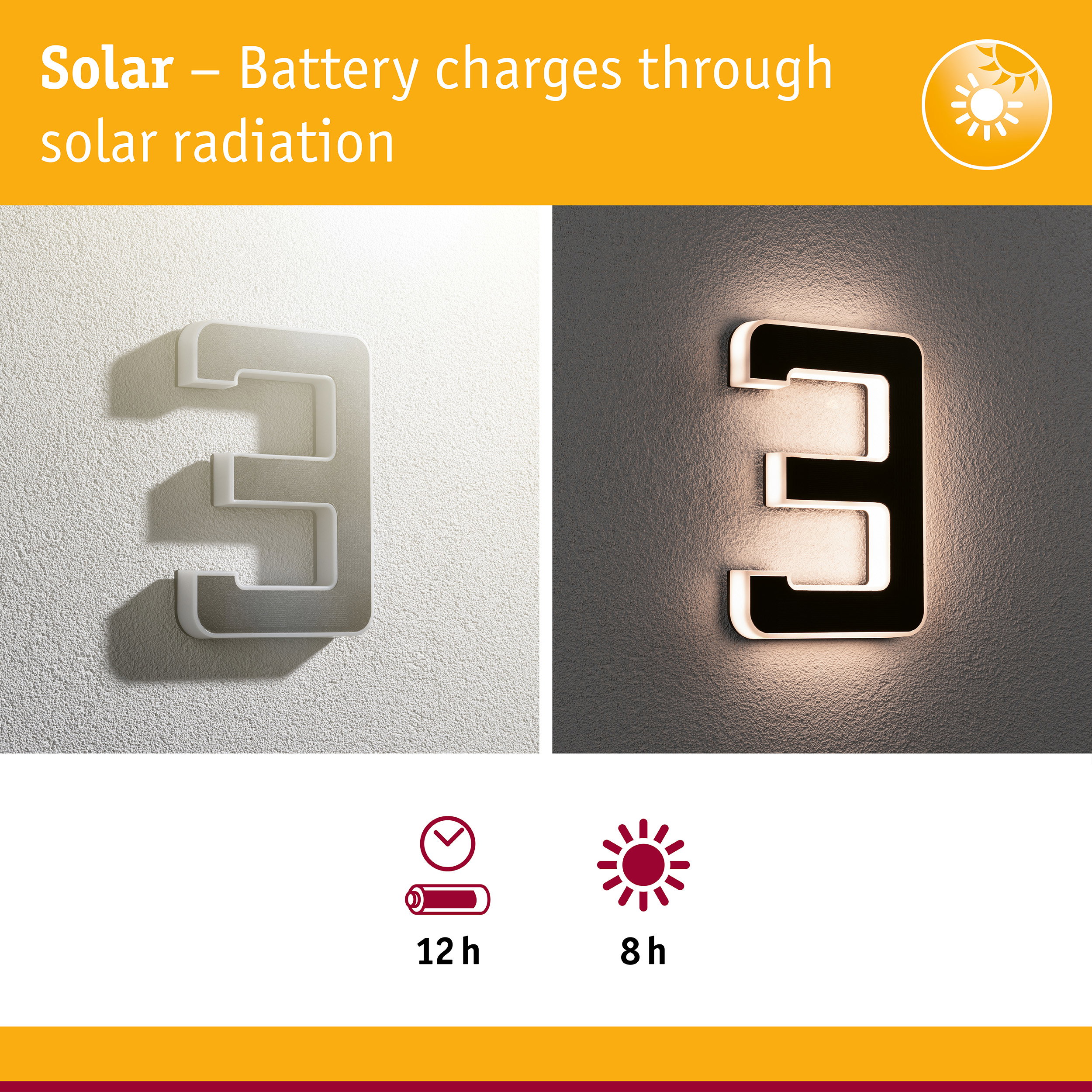 Solar-powered wall lamp in white and black with LED lighting and energy-saving feature