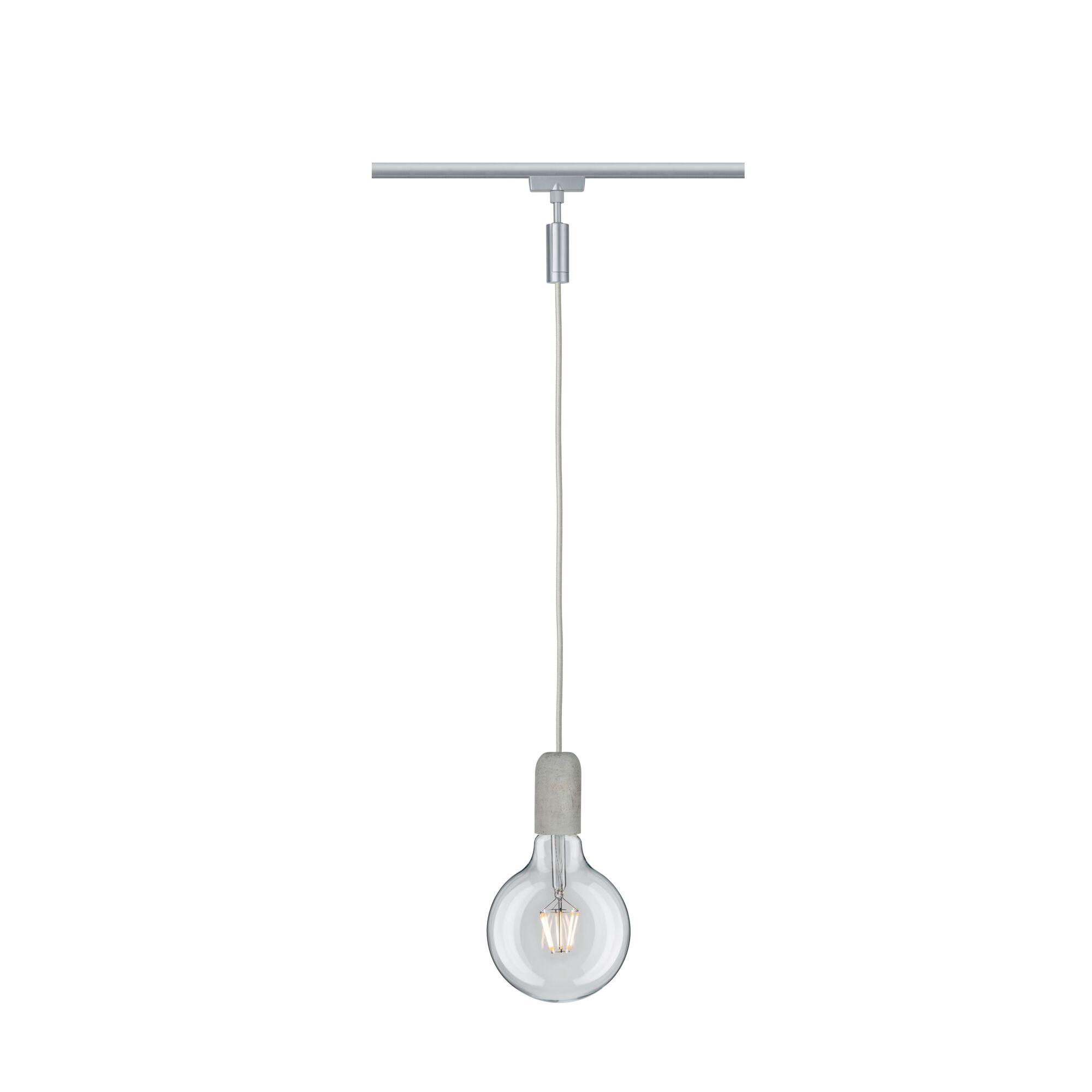 Pendant light with clear glass bulb and grey concrete socket on silver track lighting
