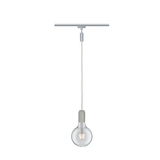 Pendant light with clear glass bulb and grey concrete socket on silver track lighting