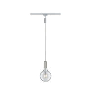 Pendant light with clear glass and grey concrete holder on silver rail for modern lighting design