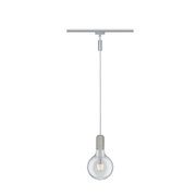 Pendant light with clear glass and grey concrete holder on silver rail for modern lighting design