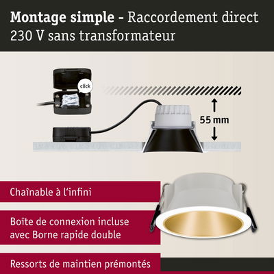 Montage simple spot LED encastré blanc et or avec raccordement direct 230 V sans transformateur, profondeur 55 mm
