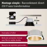 Montage simple spot LED encastré blanc et or avec raccordement direct 230 V sans transformateur, profondeur 55 mm