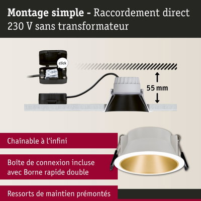 Montage simple spot LED encastré blanc et or avec raccordement direct 230 V sans transformateur, profondeur 55 mm