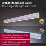 Raiko pendant luminaire in white with three light emissions, tunable white and RGBW for versatile lighting