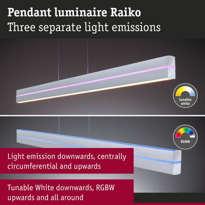 Raiko pendant luminaire in white with three light emissions, tunable white and RGBW for versatile lighting