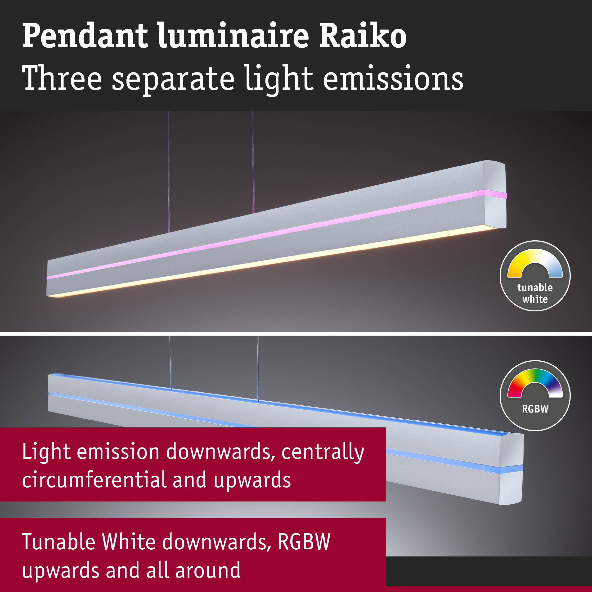 Raiko pendant luminaire in white with three light emissions and tunable white plus RGBW lighting
