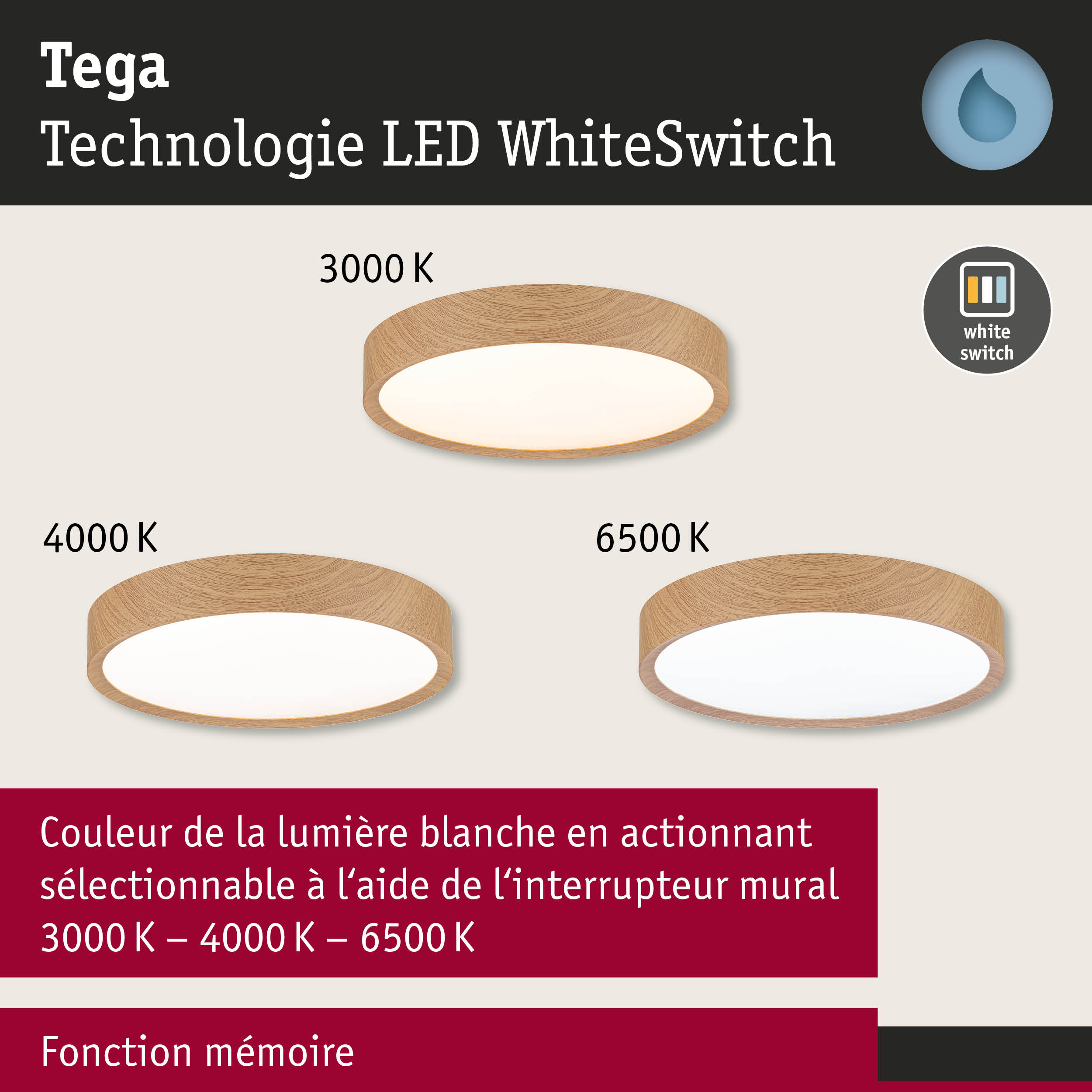 Plafonnier LED rond Tega avec cadre en bois naturel, dimmable avec technologie lumière blanche