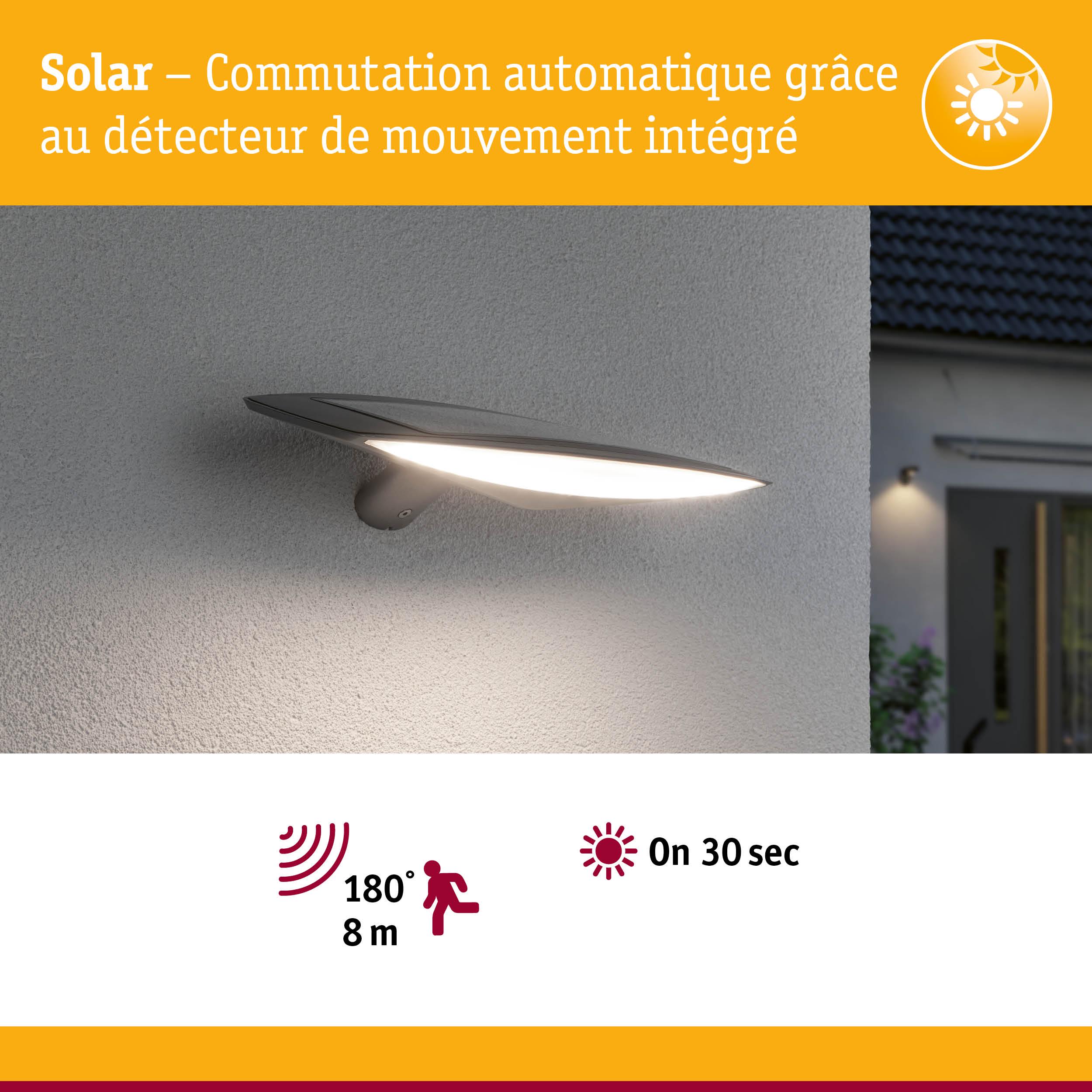 Applique murale solaire grise moderne avec détecteur de mouvement et commutation automatique pour éclairage extérieur