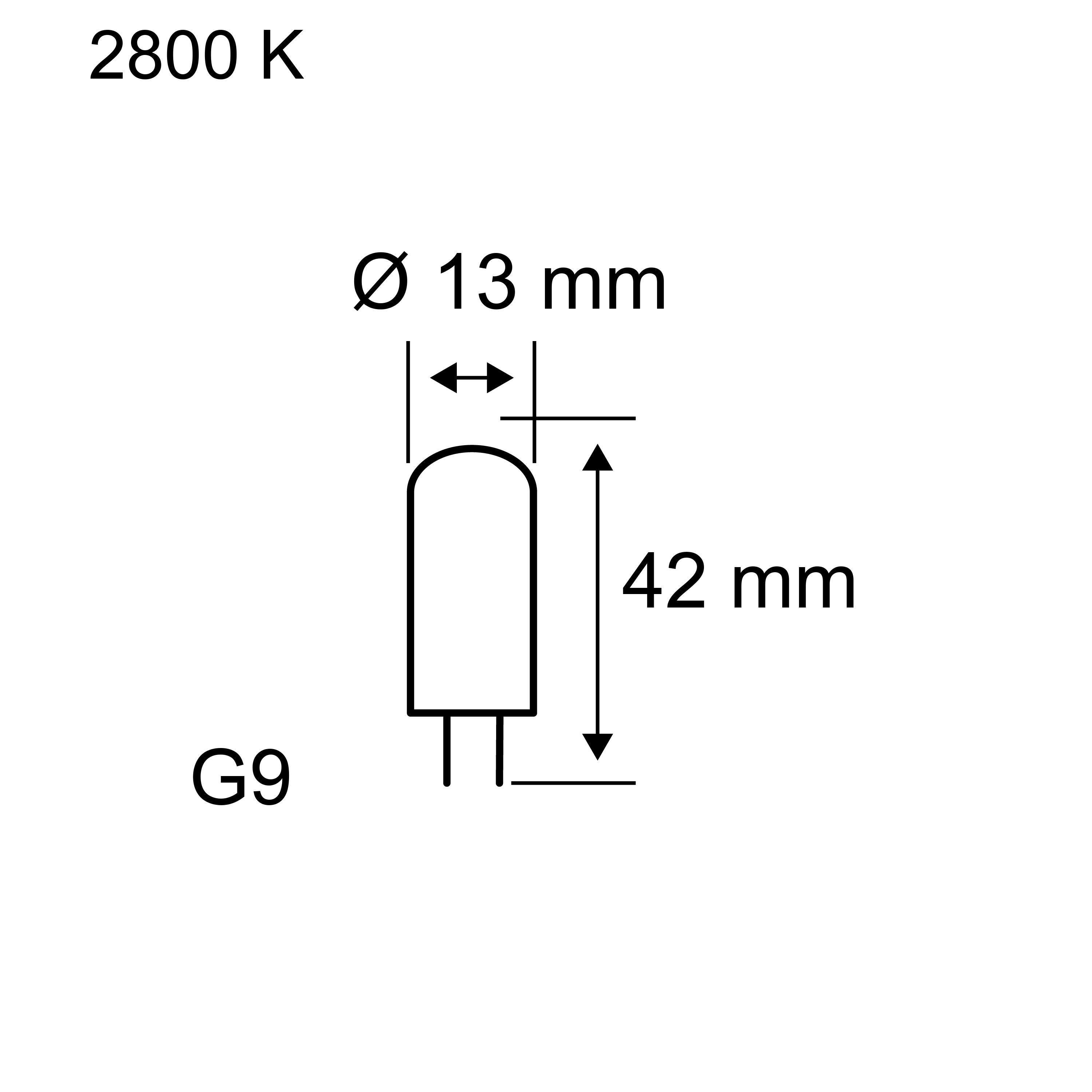 Schéma technique ampoule LED G9 diamètre 13 mm longueur 42 mm, lumière chaude 2800 K