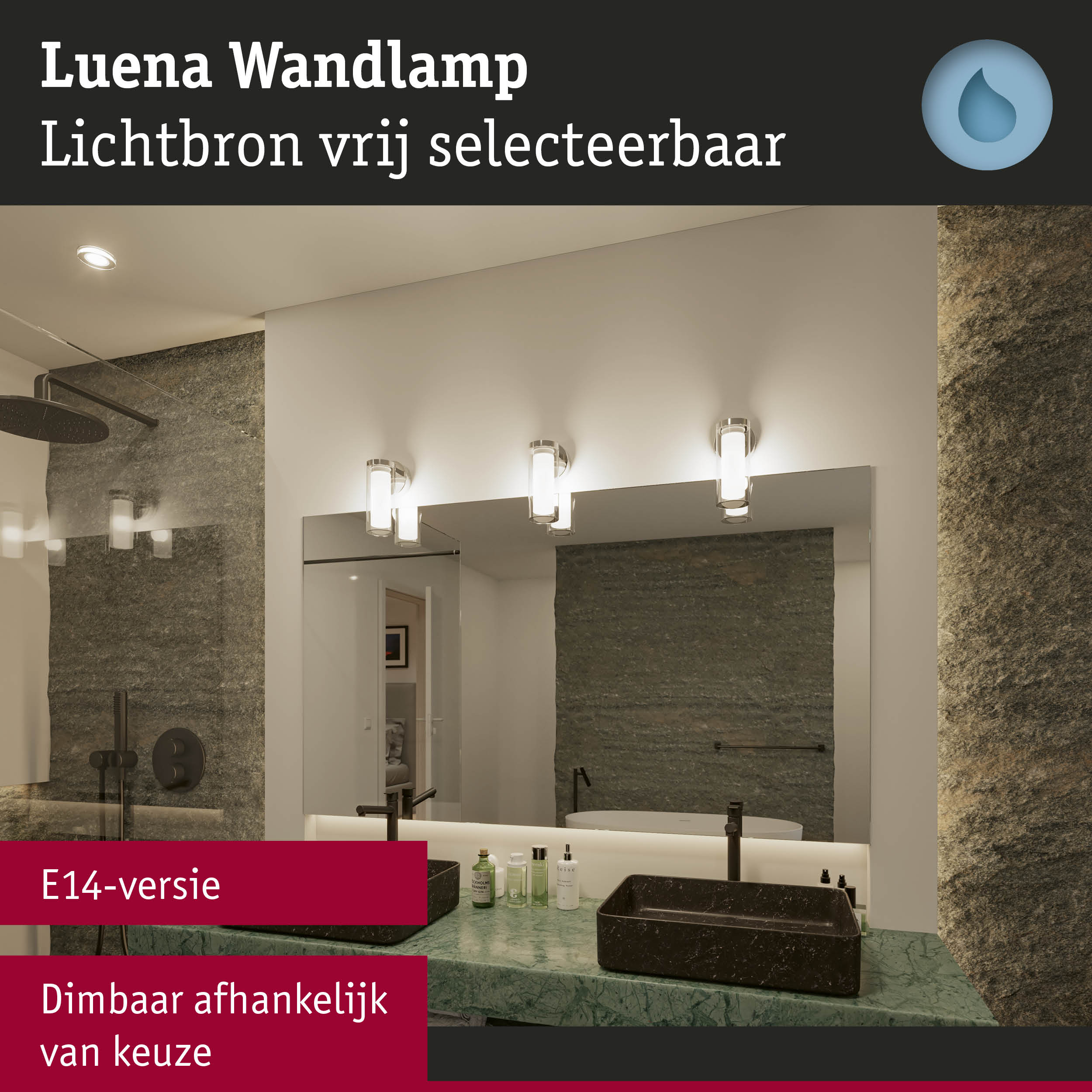 Luena wandlamp met verstelbare lichtbron in moderne badkamer met groen marmeren wastafelblad