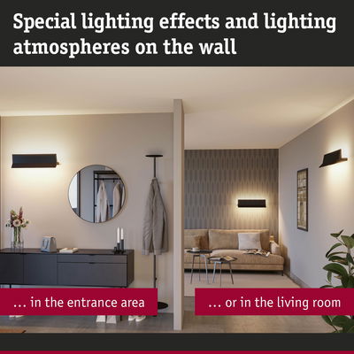 Modern wall lights with warm glow in entrance and living room creating cozy lighting atmospheres