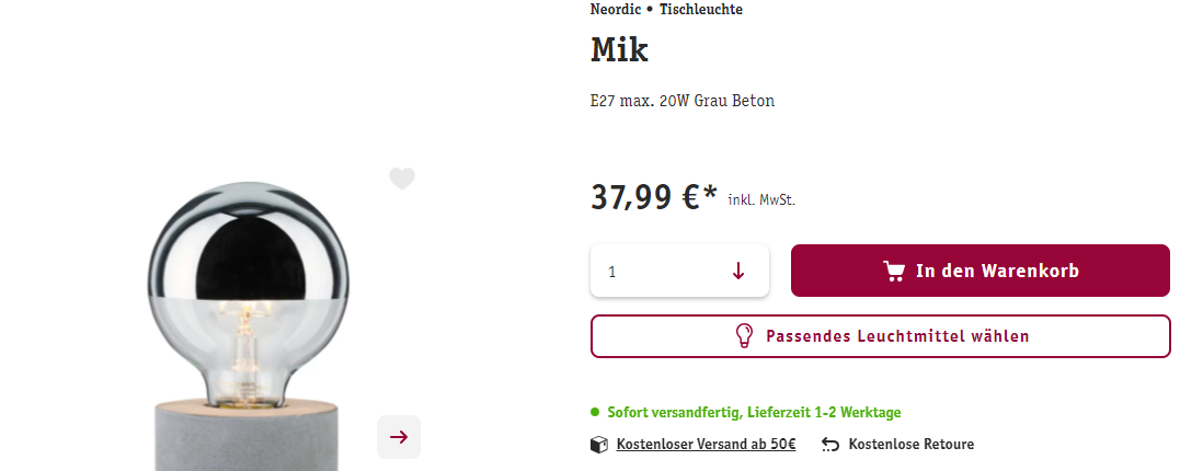 Tischleuchte Mik aus grauem Beton mit E27 Fassung und 20W max Leistung für modernes Lichtdesign