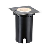 Square stainless steel recessed floor spotlight with black housing and warm white LED light for outdoor use