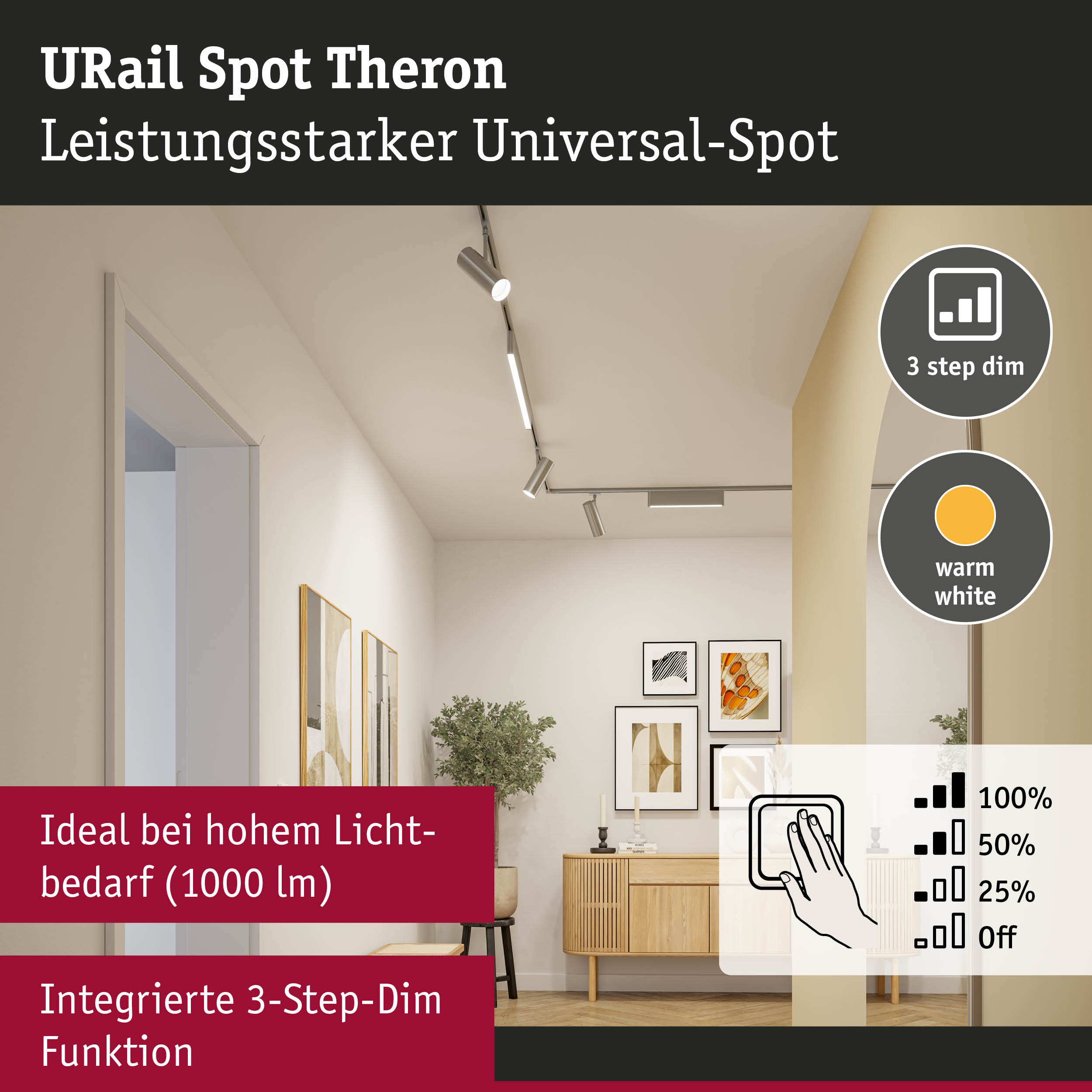 URail Spot Theron Deckenstrahler in Silber mit 3-Stufen-Dimmfunktion für hohe Lichtbedarfe