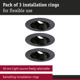 Pack of 3 black plastic installation rings for flexible lighting adjustment with swivel function