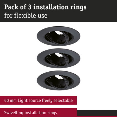 Pack of 3 black plastic installation rings for flexible lighting adjustment with swivel function