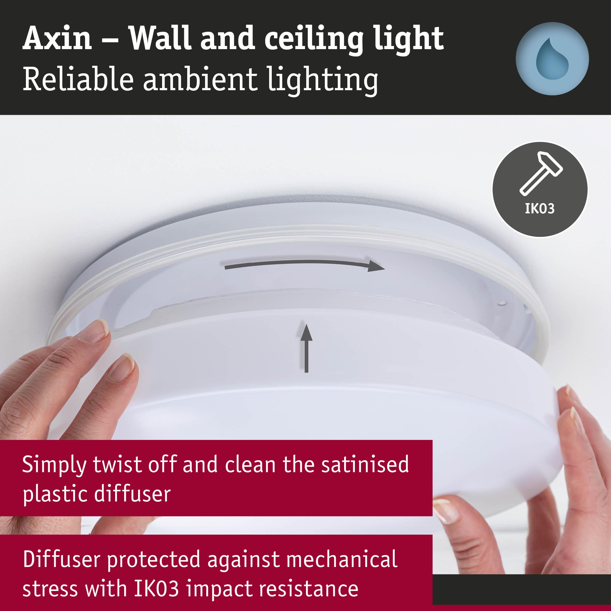 Axin wall and ceiling light with satin white plastic diffuser and IK03 impact resistance for reliable ambient lighting