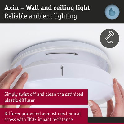 Axin wall and ceiling light with satin white plastic diffuser and IK03 impact resistance for reliable ambient lighting