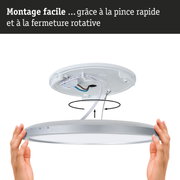Plafonnier LED blanc avec bordure argentée, installation facile grâce à la pince rapide et fermeture rotative