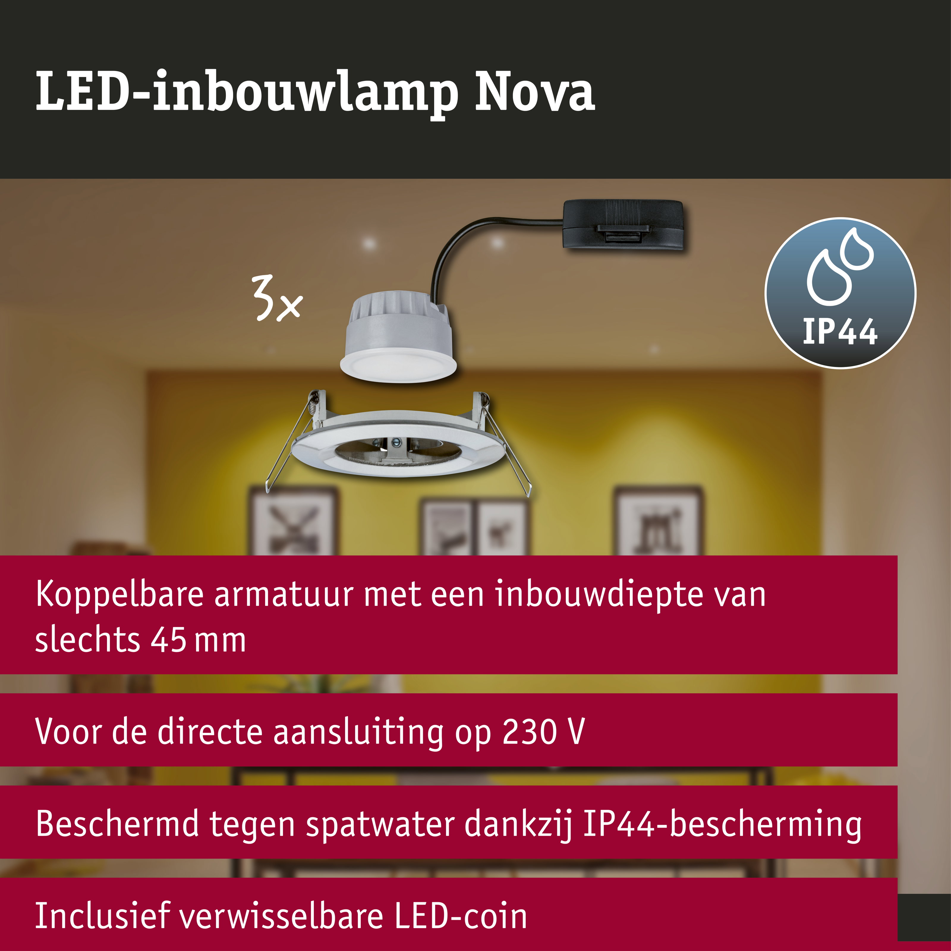 LED-inbouwlamp 3-Step-Dim Nova Coin Basisset star IP44 rond 78mm Coin 3x6W 3x470lm 230V dimbaar 2700K Staal geborsteld