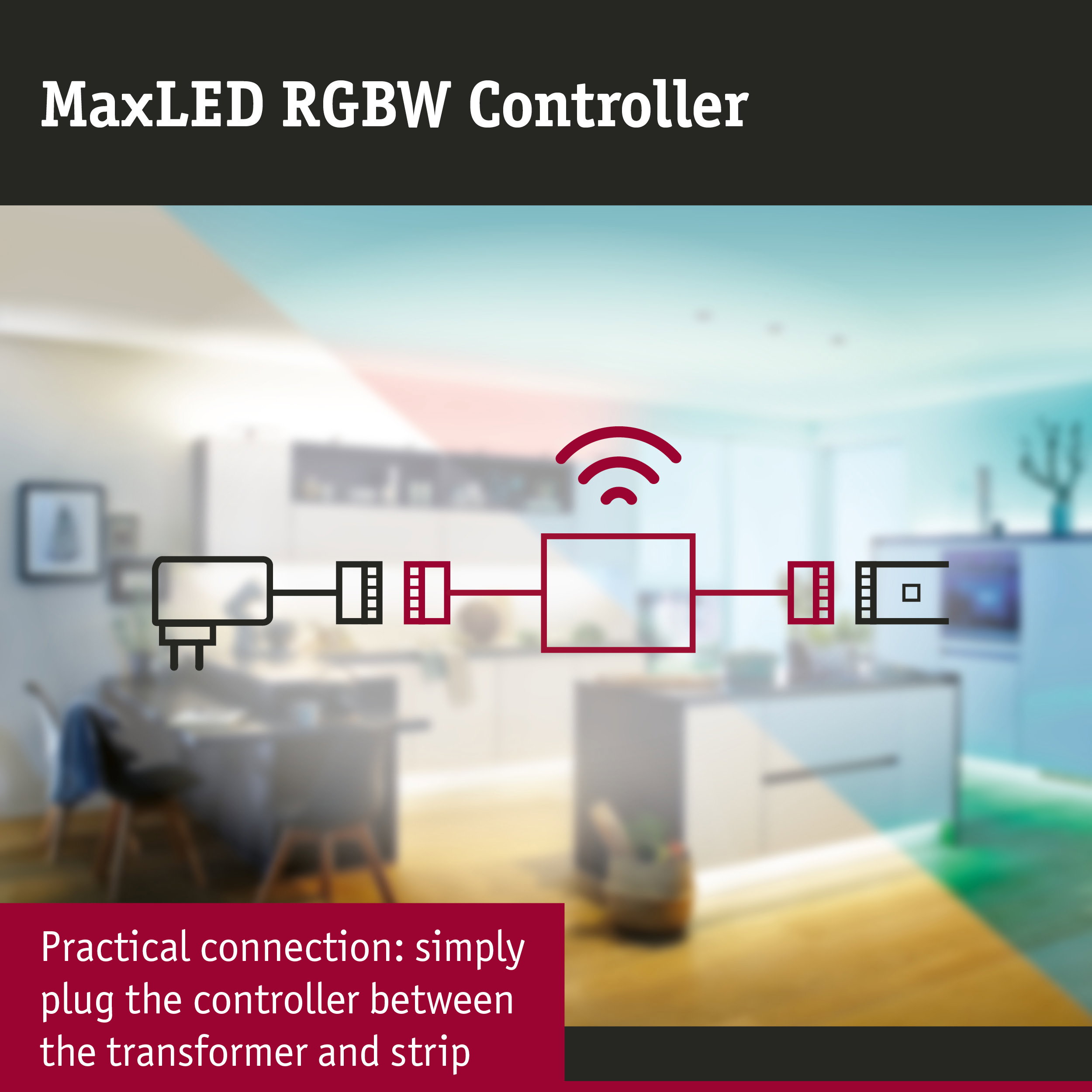 MaxLED RGBW Controller diagram showing plug connection between transformer and LED strip for lighting control