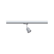 Moderner silberner LED-Strahler aus Metall an Schienensystem für flexible Raumbeleuchtung