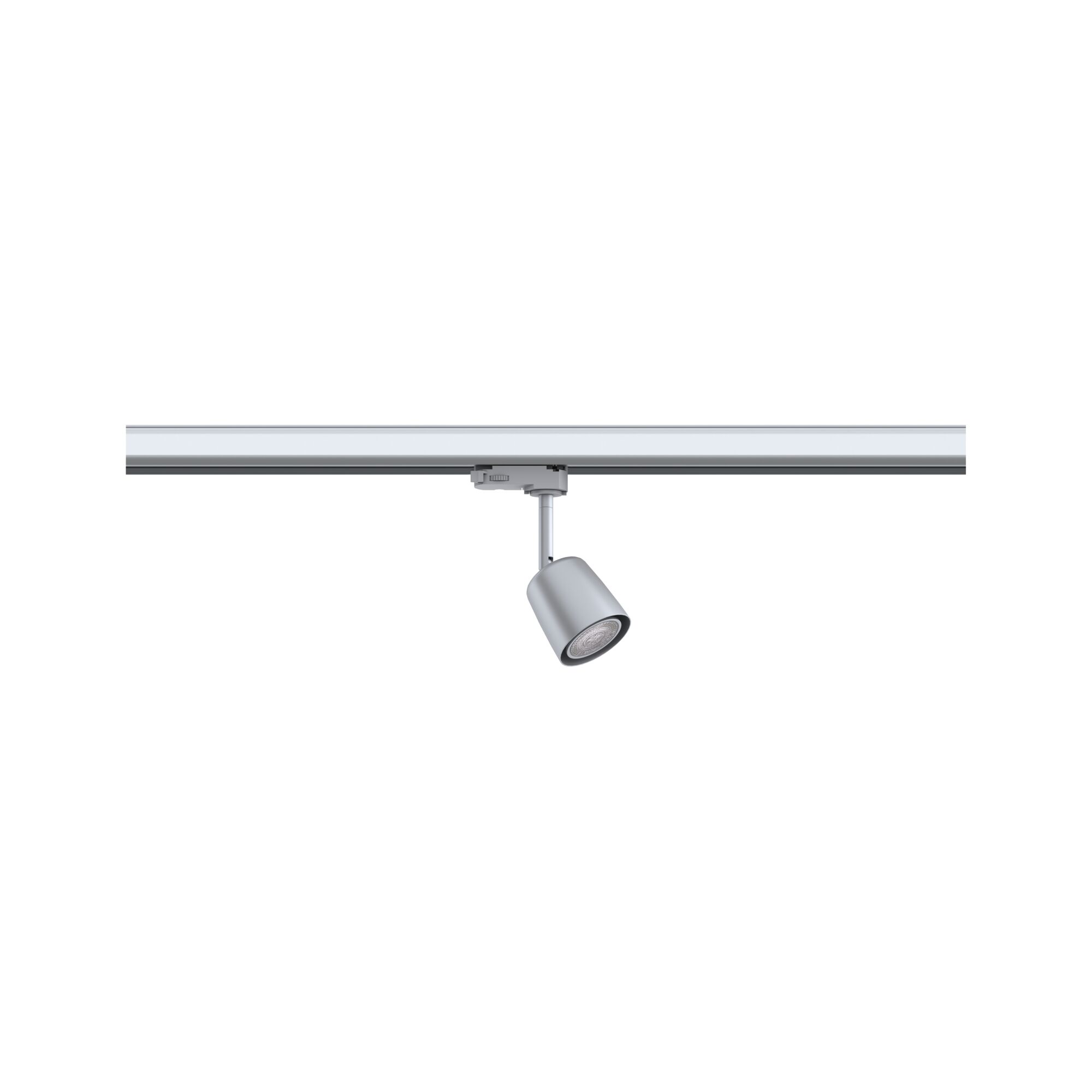 Moderner silberner LED-Strahler aus Metall an Schienensystem für flexible Raumbeleuchtung