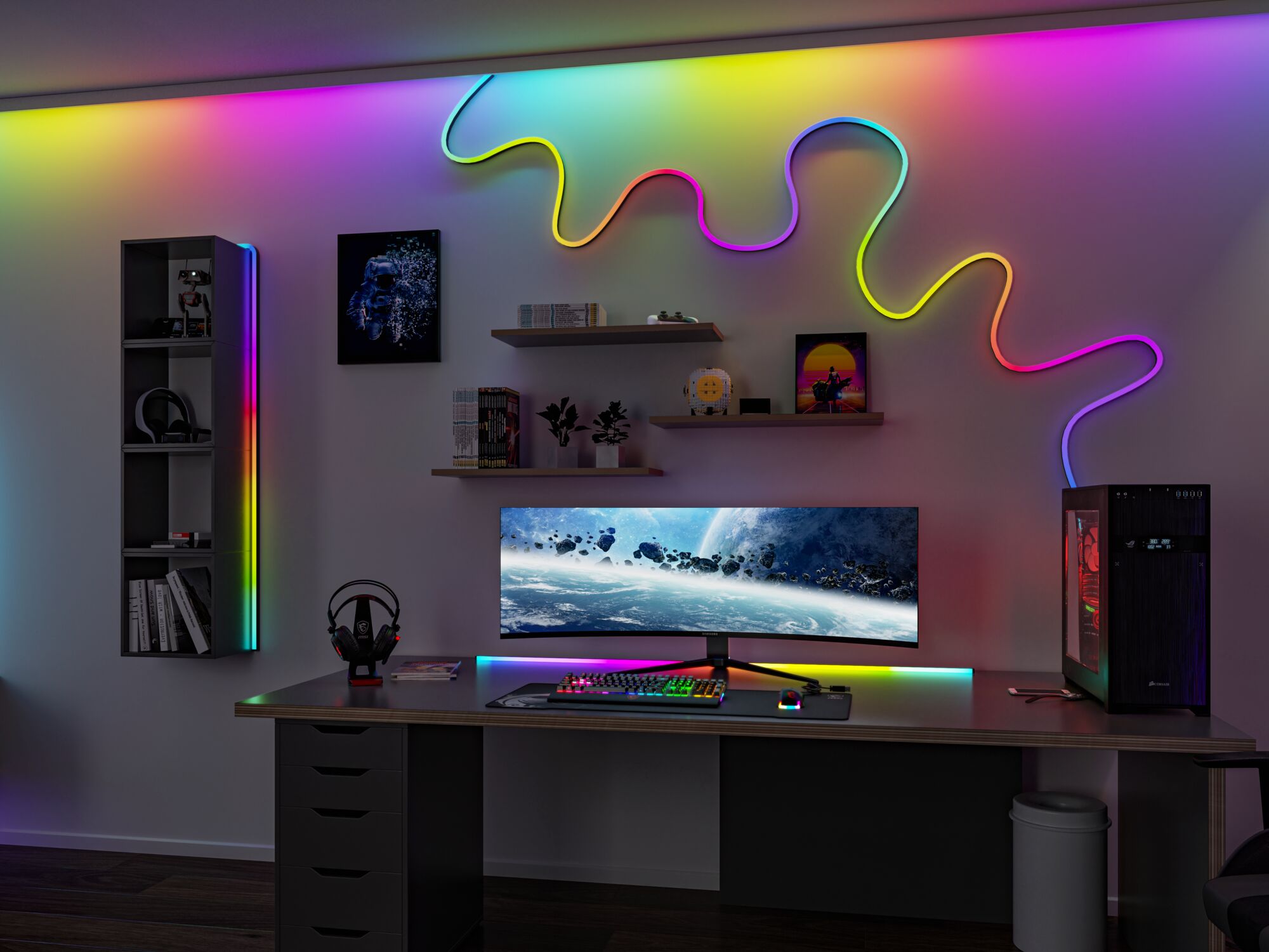 Installation gaming moderne avec écran ultra-large et bandes LED colorées en éclairage RGB flexible.